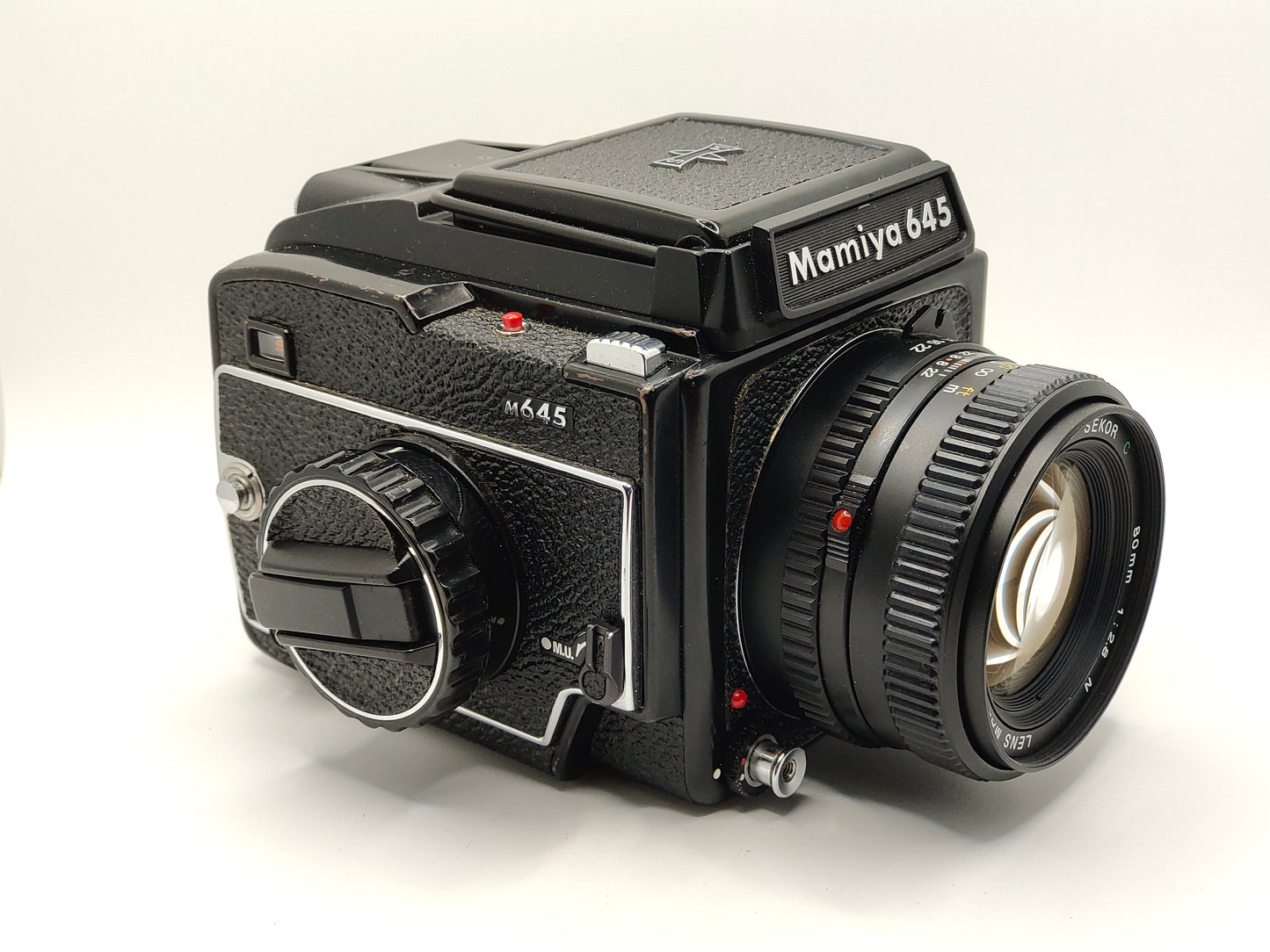 Mamiya 645 medium-format camera with waist-level sport finder and 80mm f/2.8 lens