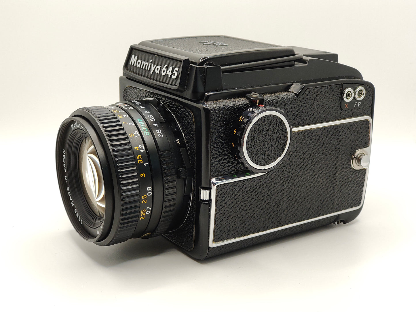 Mamiya 645 medium-format camera with waist-level sport finder and 80mm f/2.8 lens