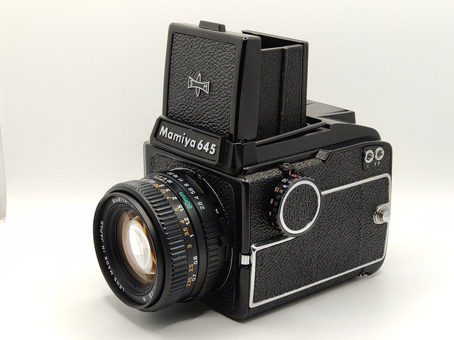 Mamiya 645 medium-format camera with waist-level sport finder and 80mm f/2.8 lens