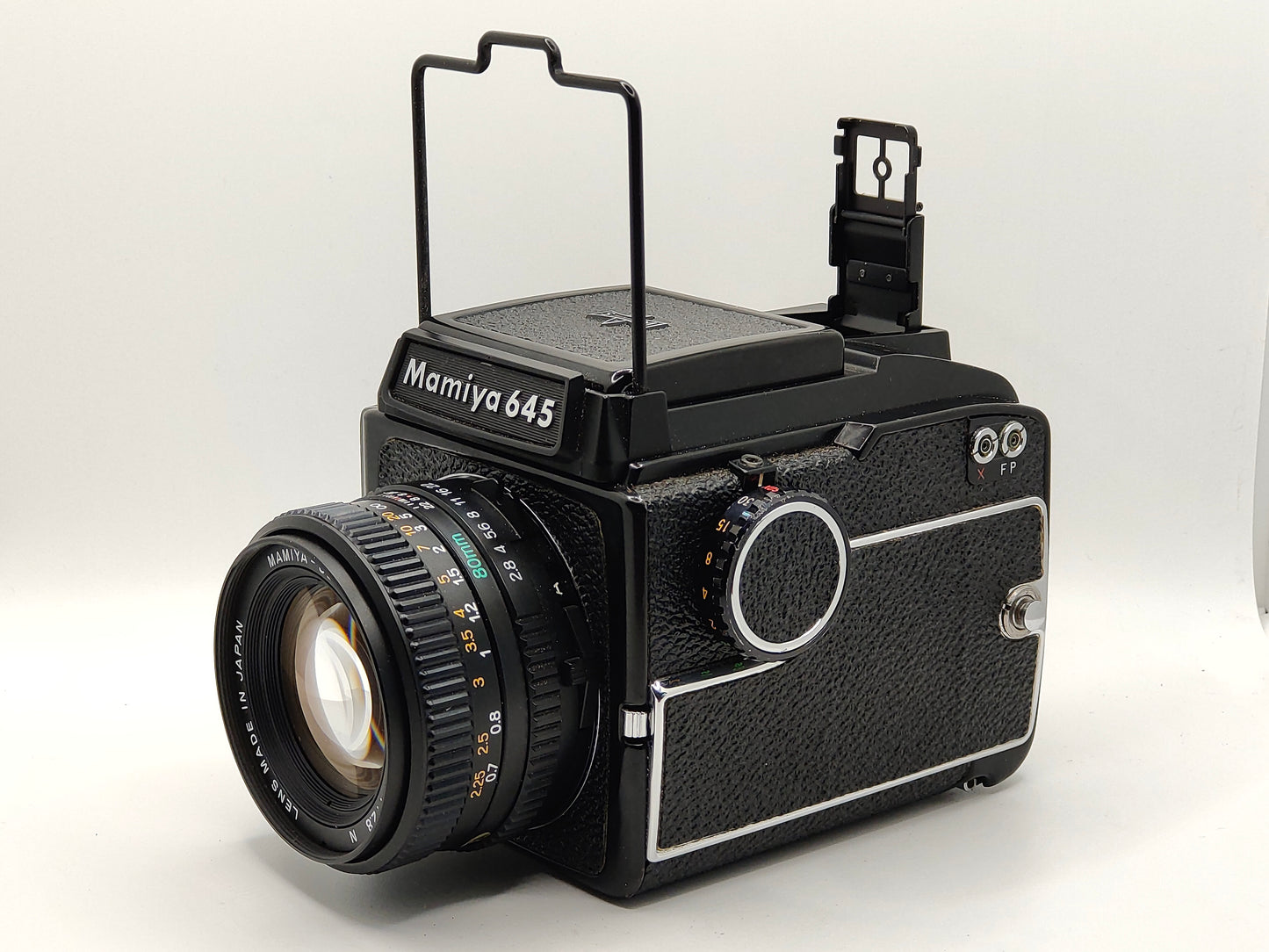 Mamiya 645 medium-format camera with waist-level sport finder and 80mm f/2.8 lens