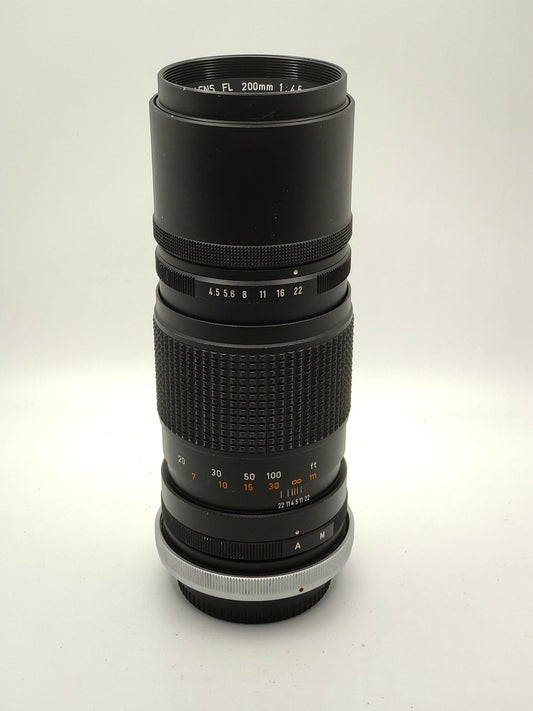 Canon lens: 200mm f/4.5 FL telephoto lens for early model Canon SLRs.