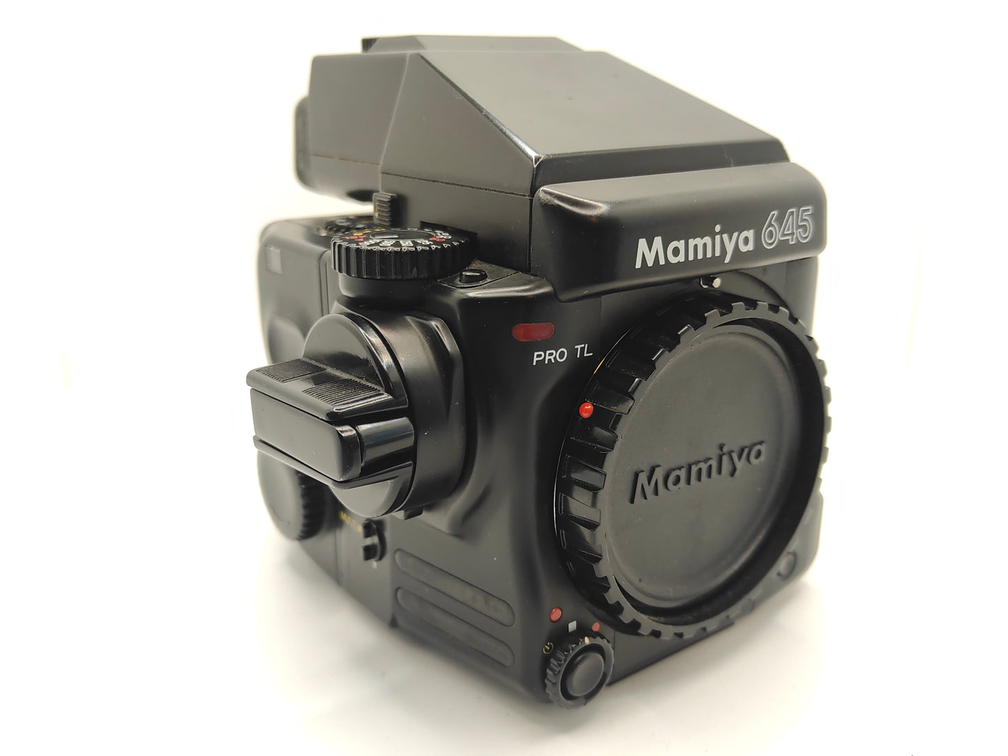 Mamiya 645 PRO medium-format camera with AE prism, 120 back and winding crank