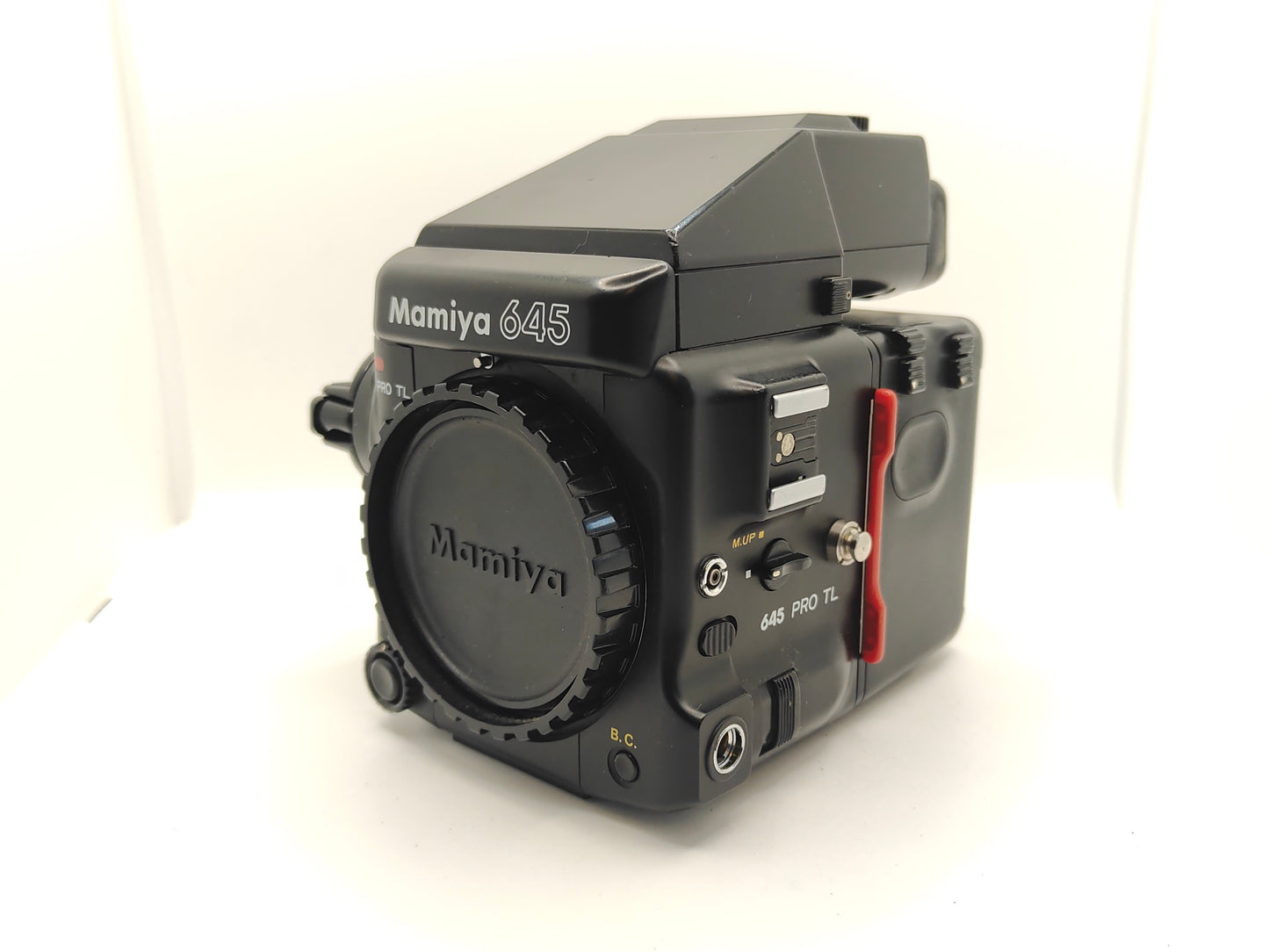 Mamiya 645 PRO medium-format camera with AE prism, 120 back and winding crank