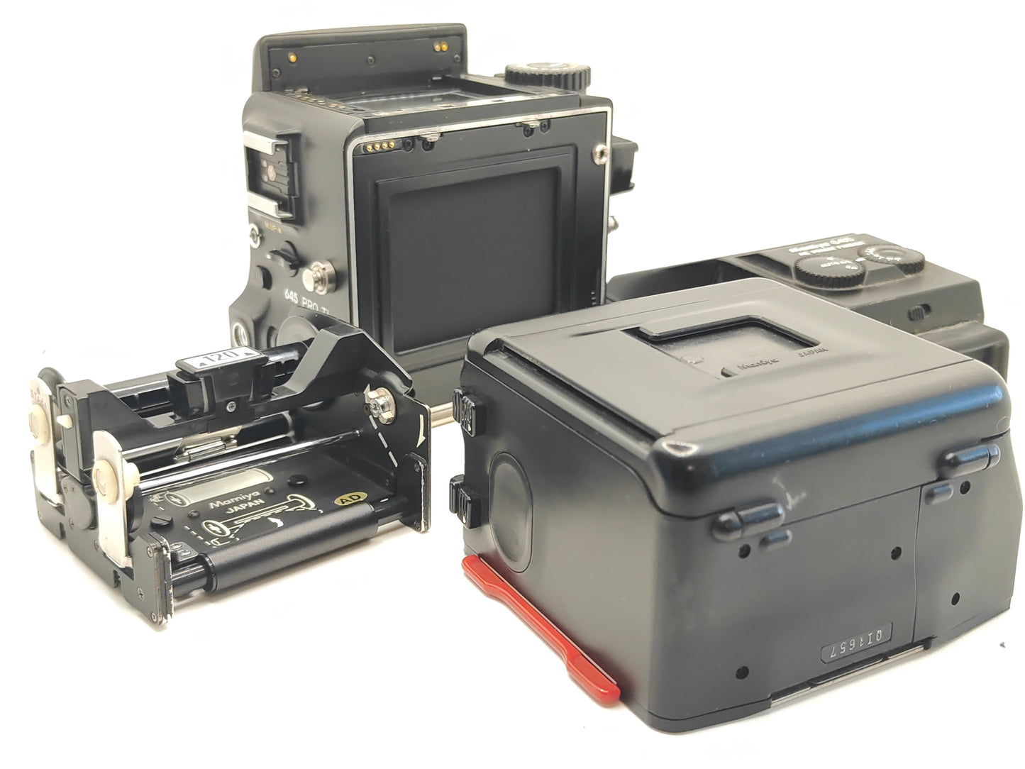 Mamiya 645 PRO medium-format camera with AE prism, 120 back and winding crank