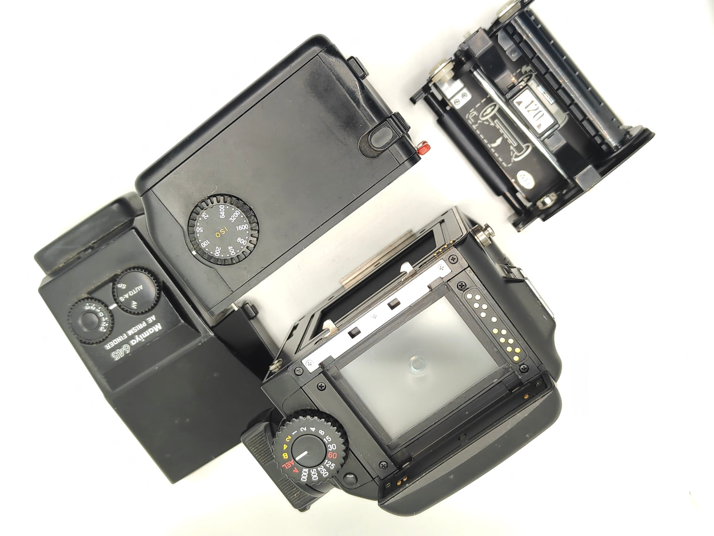 Mamiya 645 PRO medium-format camera with AE prism, 120 back and winding crank