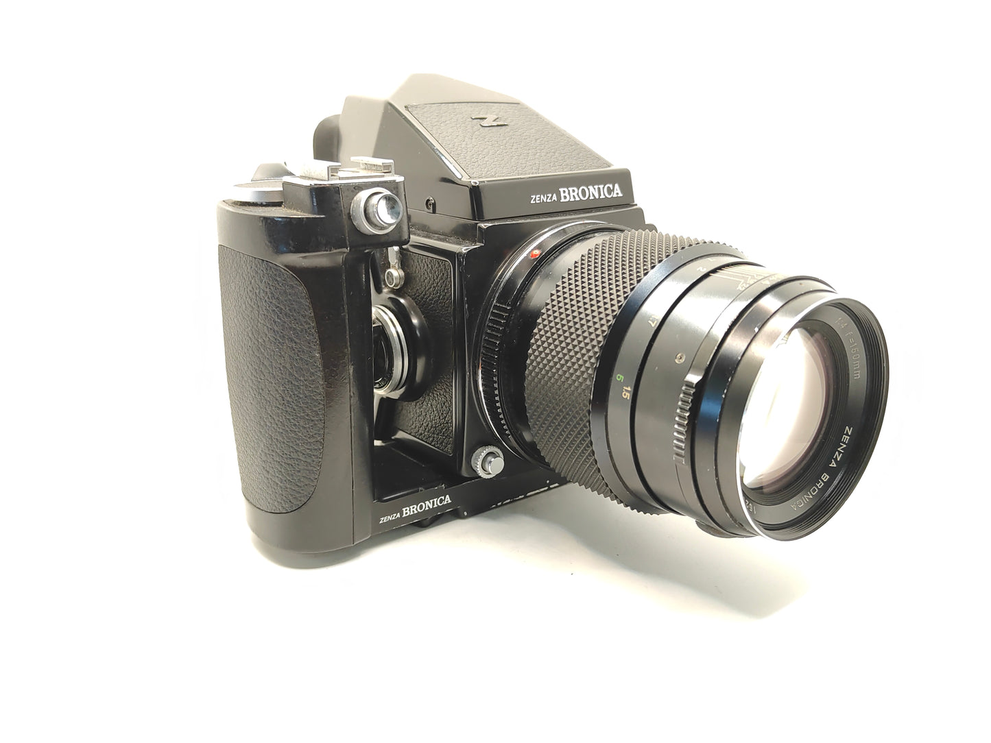 Bronica ETRS medium format camera with 150mm f/4 lens and prism finder.