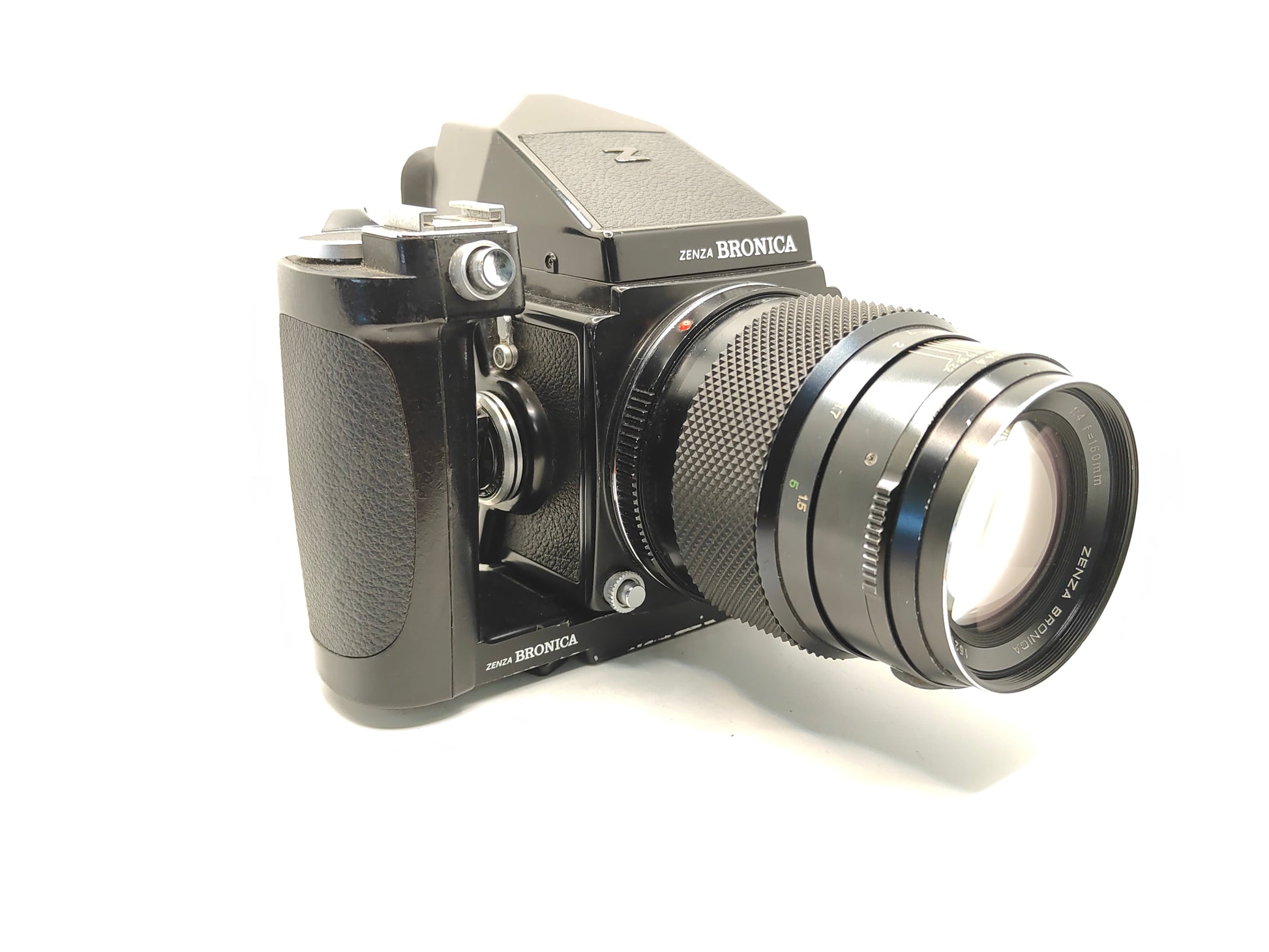 Bronica ETRS medium format camera with 150mm f/4 lens and prism finder.