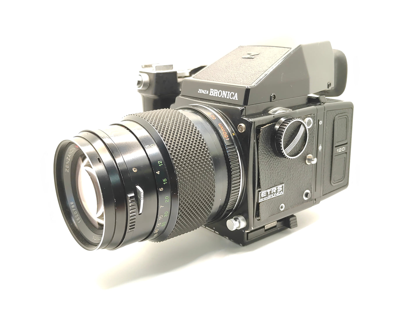 Bronica ETRS medium format camera with 150mm f/4 lens and prism finder.