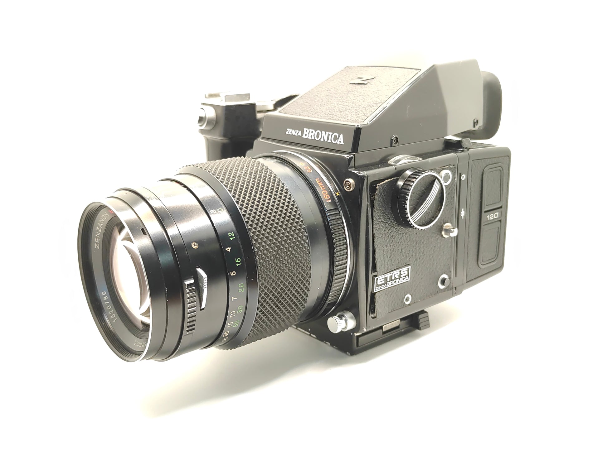 Bronica ETRS medium format camera with 150mm f/4 lens and prism finder.