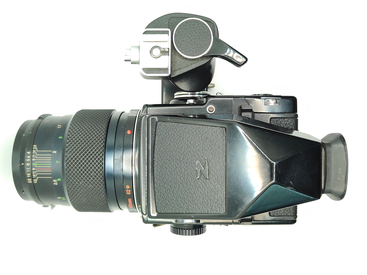 Bronica ETRS medium format camera with 150mm f/4 lens and prism finder.