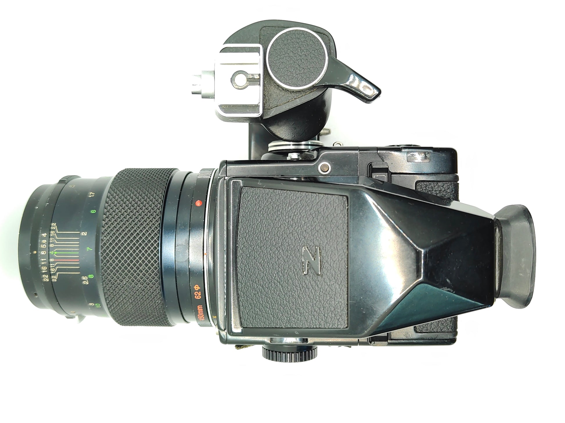 Bronica ETRS medium format camera with 150mm f/4 lens and prism finder.