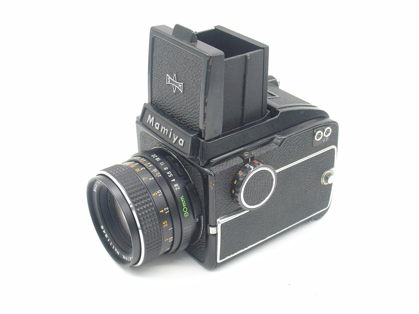 Mamiya 645 medium-format camera with waist-level finder and 80mm lens