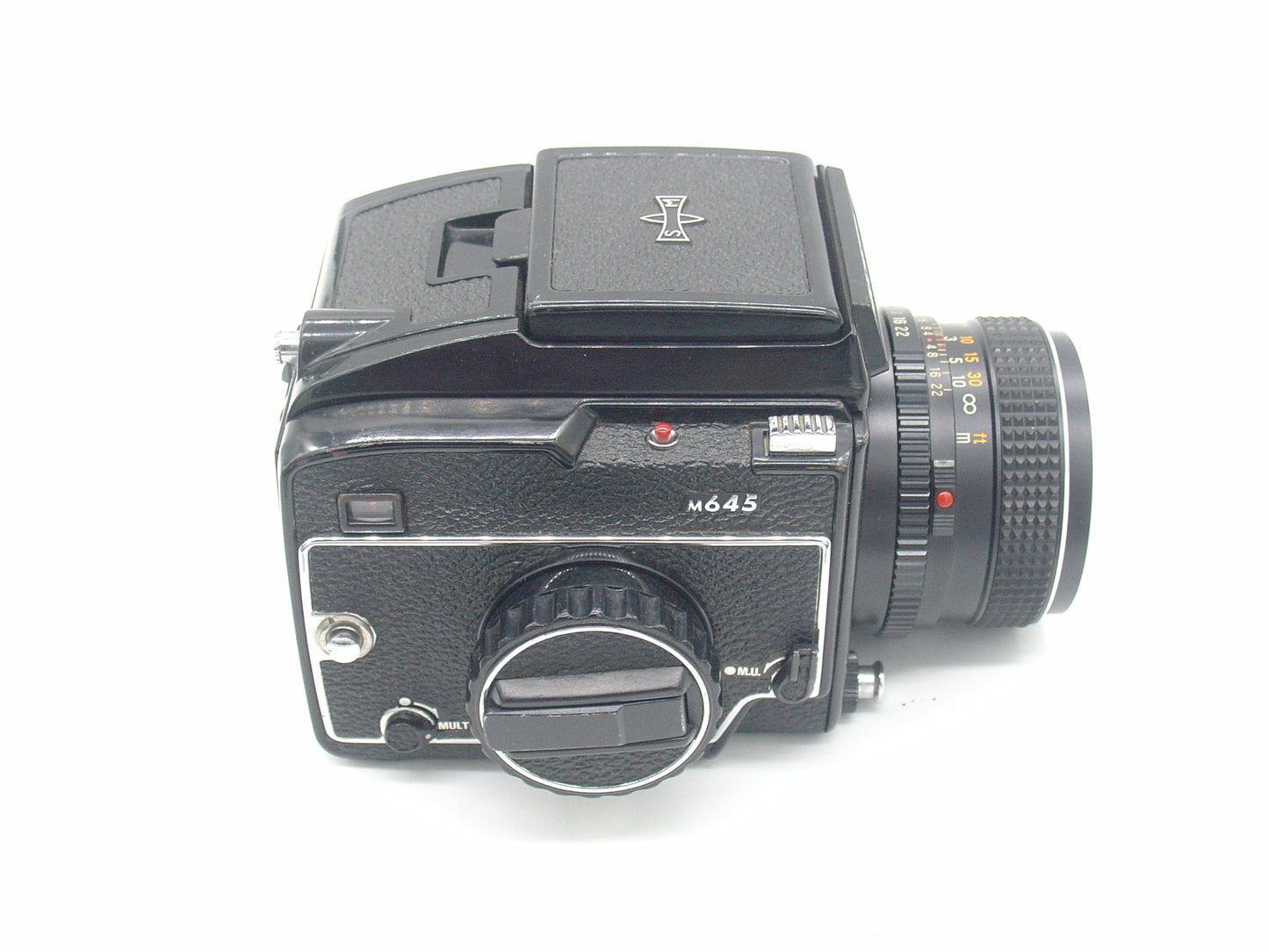 Mamiya 645 medium-format camera with waist-level finder and 80mm lens